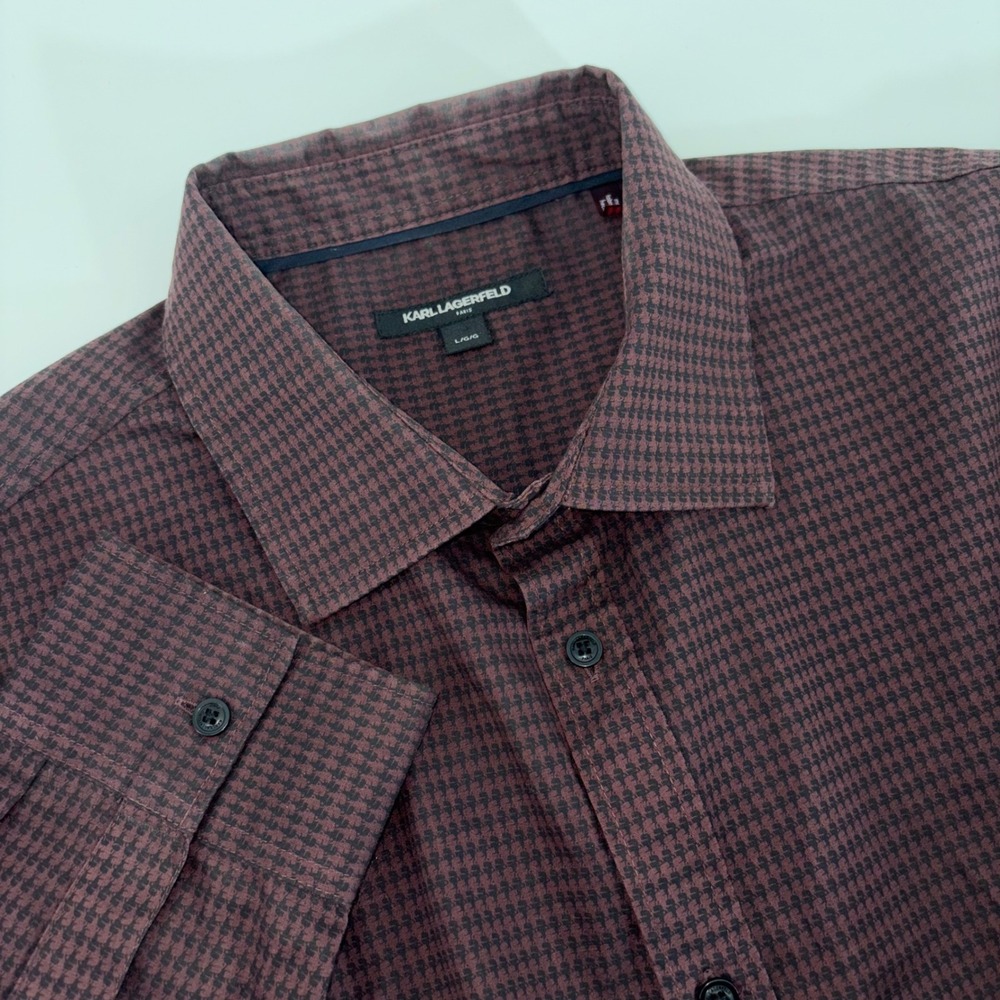 Karl‎ Lagerfeld Paris Mens Large Burgundy Houndstooth Long Sleeve Button Down